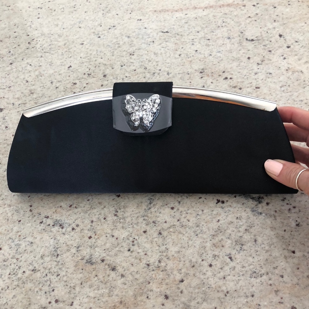 *NWOT* Vintage Tova Beverly Hills Black Satin Clutch w/ Butterfly Jeweled Broach